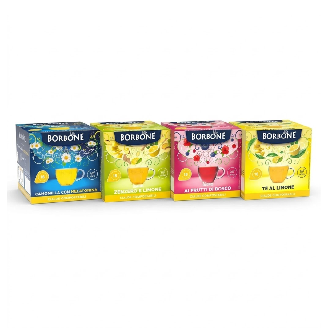 72 cialde Borbone The al Limone, Frutti di Bosco, Zenzero+Limone, Camomilla+Melatonina