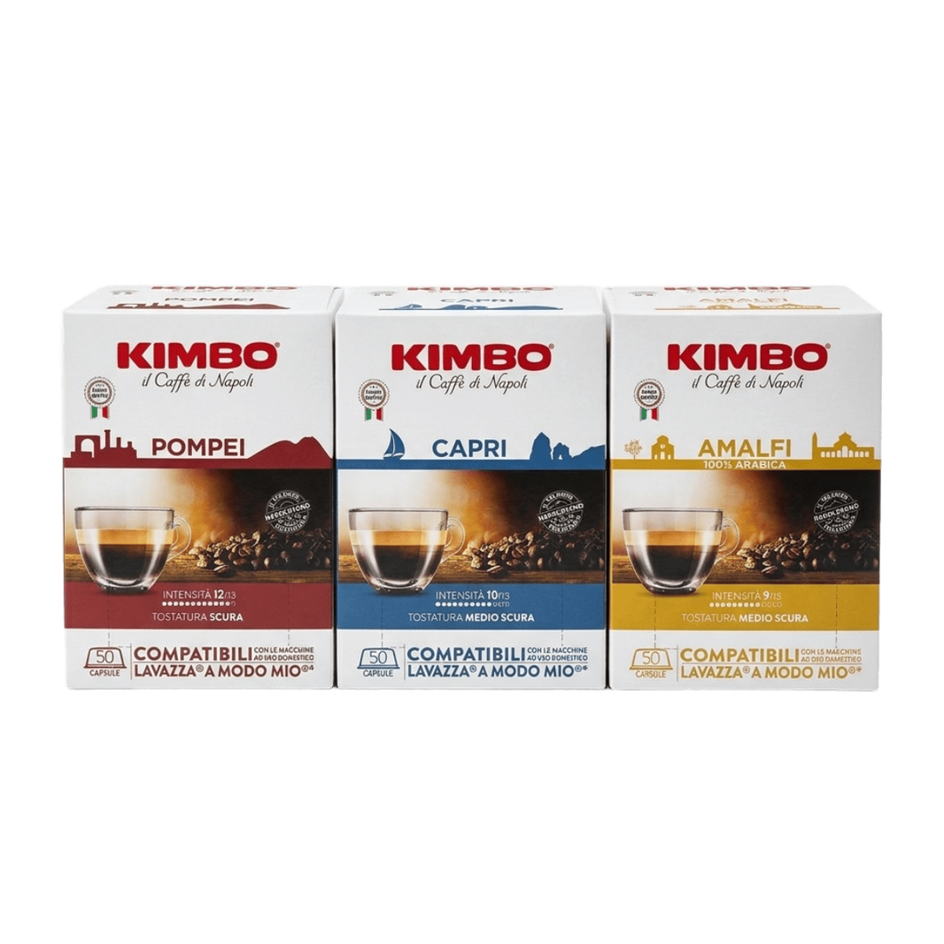 3 miscele delle capsule caffè Kimbo compatibili A Modo Mio da 50 pz