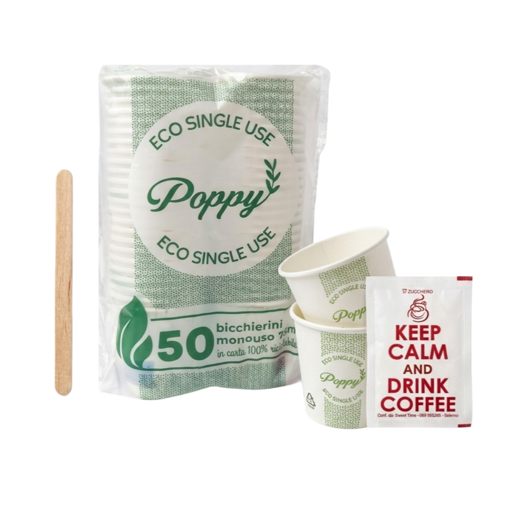 50 Bicchierini caffè di carta con palettine e zucchero