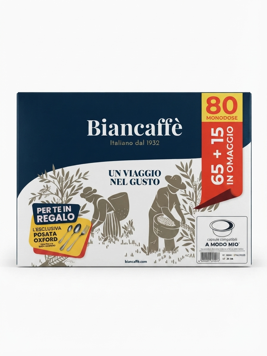 Biancaffè Capsule Compatibili Lavazza A Modo Mio® – 65 Capsule + 15 in Omaggio con Posata Oxford Inclusa