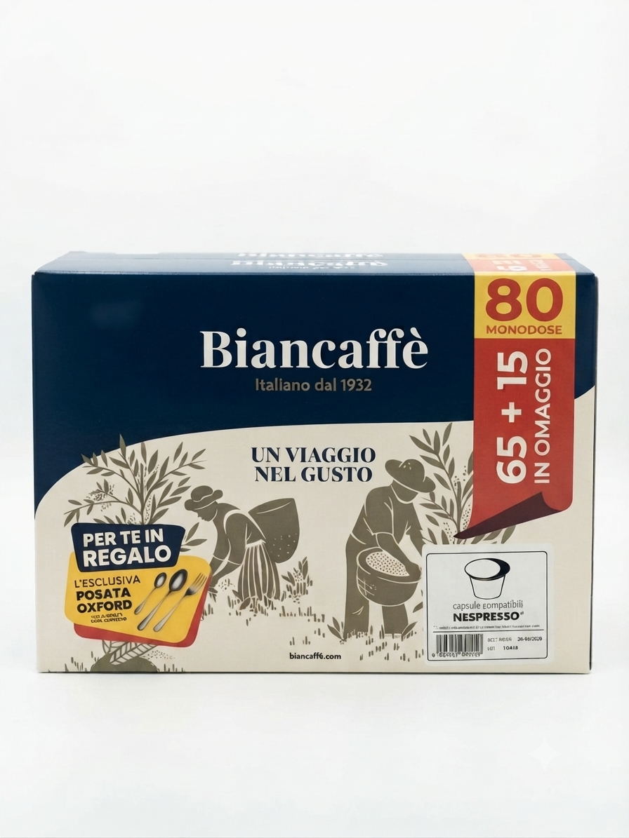 Biancaffè Capsule Compatibili Nespresso® – 65 Capsule + 15 in Omaggio con Posata Oxford Inclusa