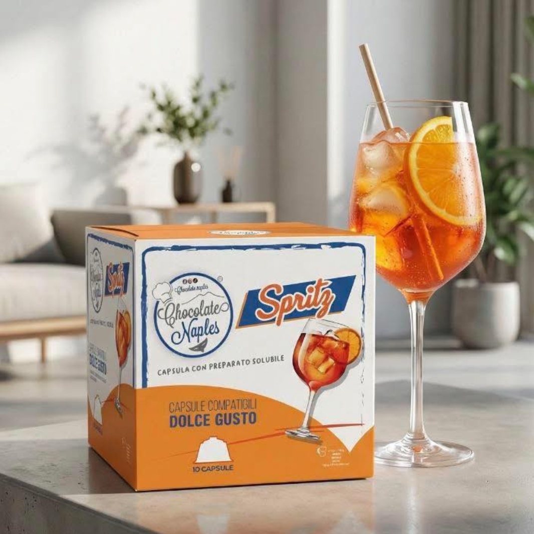 image Chocolate Naples Spritz capsule compatibili Dolce Gusto con bicchiere di spritz accanto