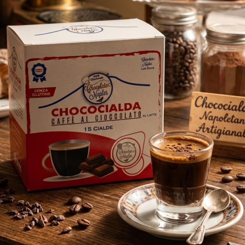 Immagine ambientata con confezione e bicchiere in vetro con all'interno caffè al cioccolato al latte