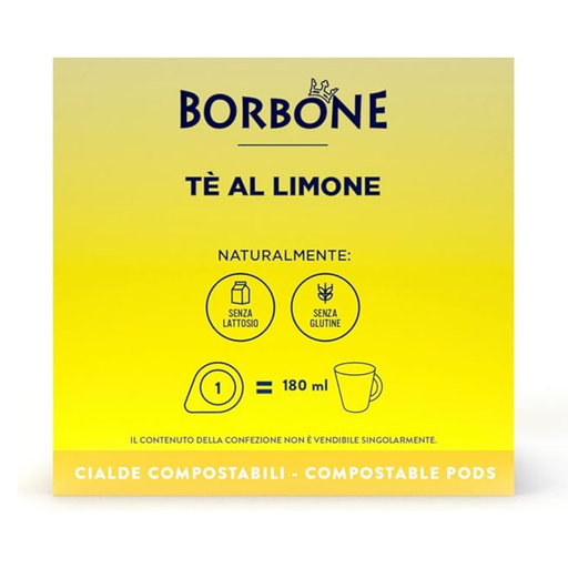 Lato della confezione delle cialde the al limone Borbone compatibili da 18 pz