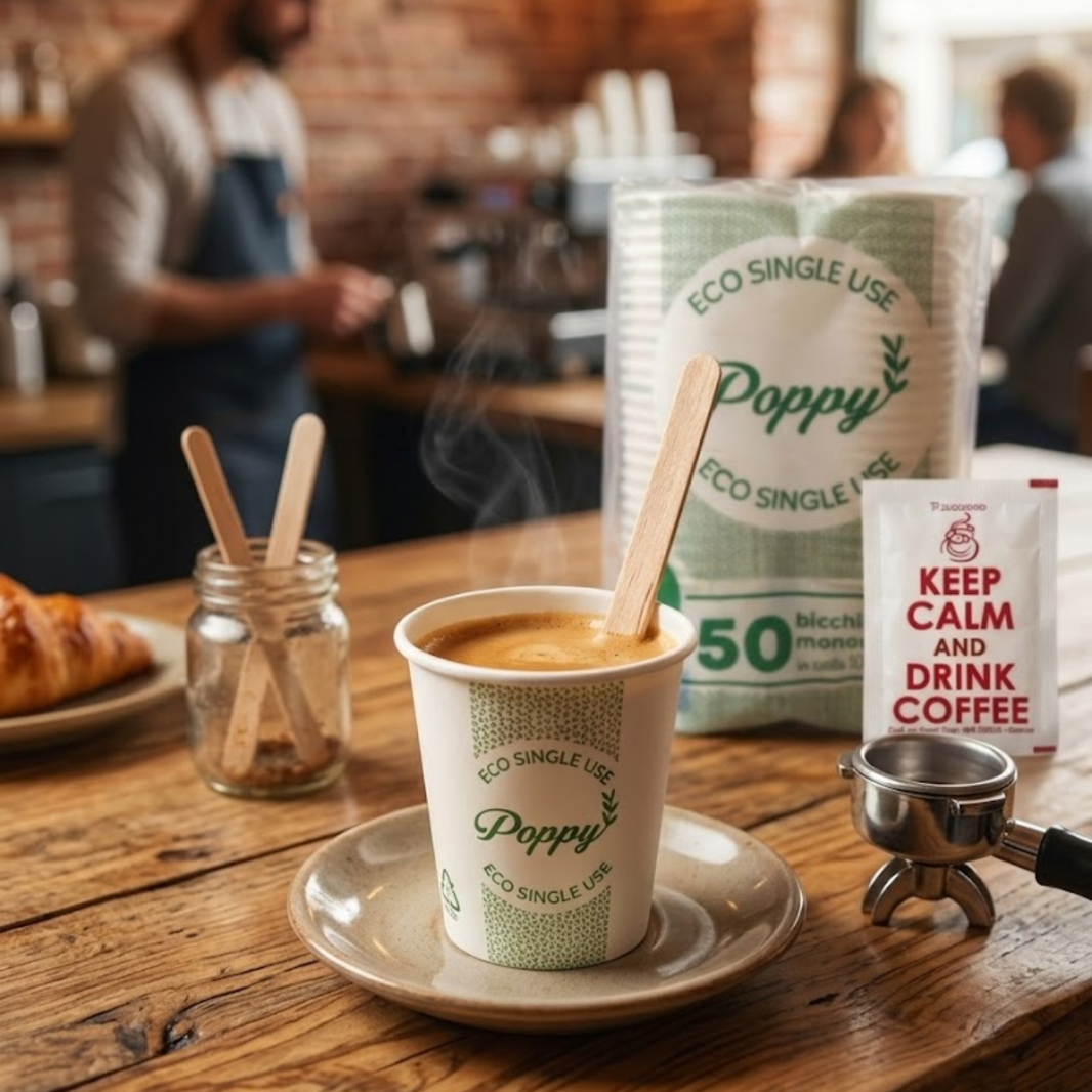 image immagine ambientata del bicchierino di caffè di carta con palettine e zucchero